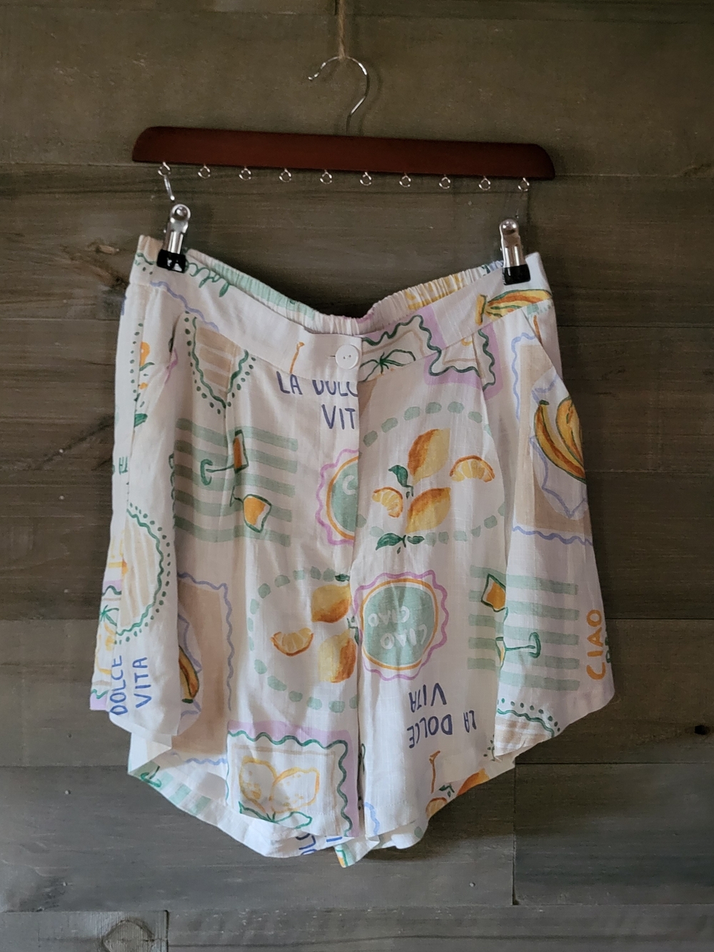 Paper Heart La Dolce Vita Linen Shorts Size L Citrus Italian Print Boho NWOT